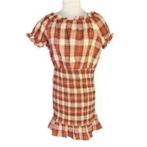 Red Plaid Smocked Mini Dress Ruffle Hem & Short Sleeves By Perfectly Priscilla